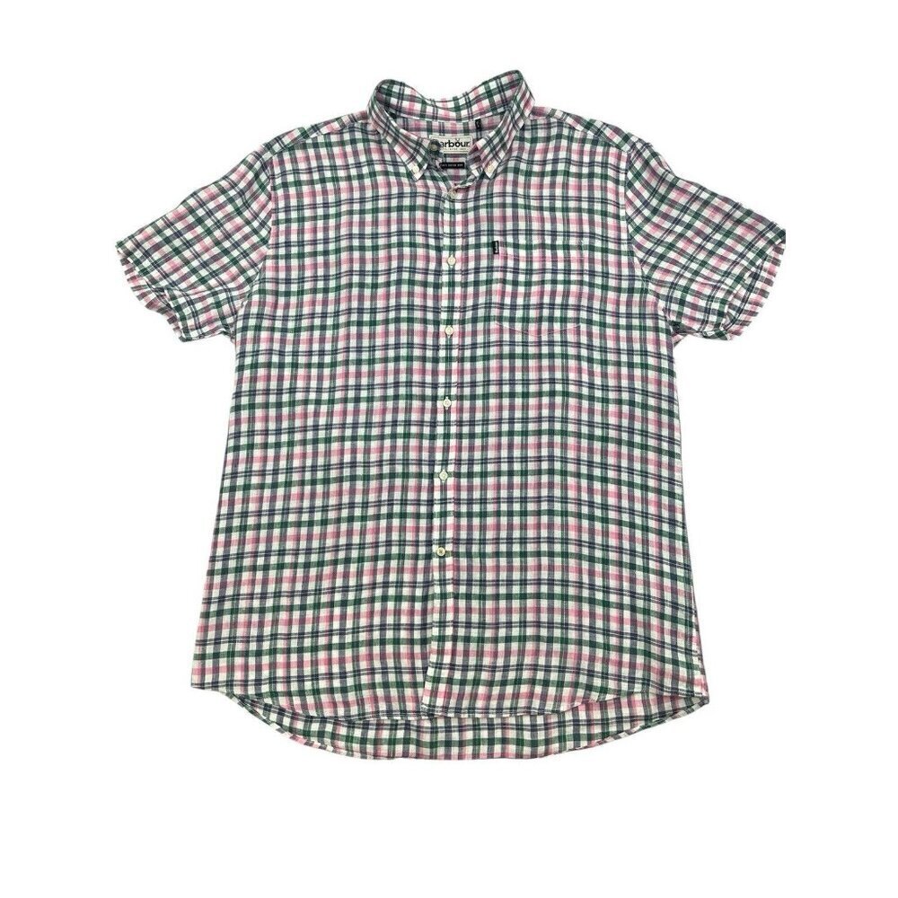 Barbour Leon 100% Linen Short Sleeve Checkered Button Down Shirt Mens L